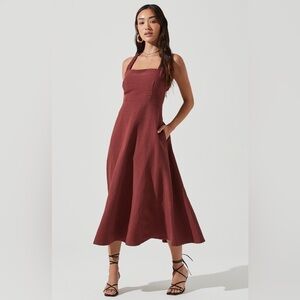 ASTR The Label‎ Valenz Dress Women’s Brown Linen Midi Size Large Open Back FLAW